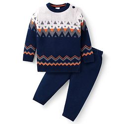 Babyhug Knit Full Sleeves Designed Sweater Set - Navy Blue
