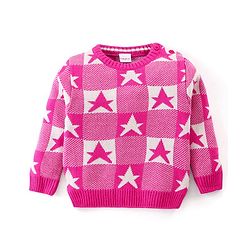 Babyhug Knitted Full Sleeves Pullover Sweater with Checkered & Star Design - Pink
