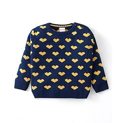 Babyhug Knit Full Sleeves Pullover Sweater with Hearts Design - Navy Blue