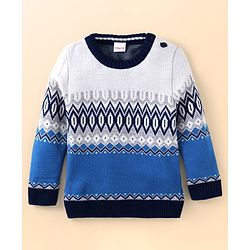 Babyhug Knitted Full Sleeves Pullover Sweater With Chevron Design - White & Blue