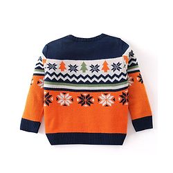 Babyhug Knitted Full Sleeves Intarsia Designed Pullover Sweater - Orange & Navy Blue