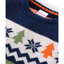 Babyhug Knitted Full Sleeves Intarsia Designed Pullover Sweater - Orange & Navy Blue