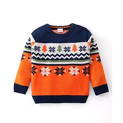 Babyhug Knitted Full Sleeves Intarsia Designed Pullover Sweater - Orange & Navy Blue
