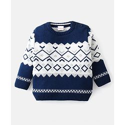 Babyhug Knit Full Sleeves Pullover Sweater with Aztec Design - Navy Blue