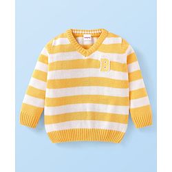Babyhug Knitted Full Sleeve Striped Pullover Sweater with Alphabet Patch - Yellow