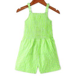 Babyhug Cotton Woven Singlet Sleeves Jumpsuit With Smocking Detailing & Bow Applique - Green