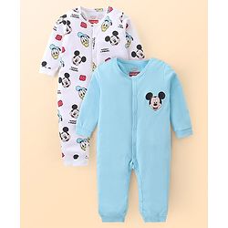 Babyhug Disney Interlock Front Open Full Sleeves Sleep Suits With Mickey Mouse Graphics Pack Of 2- White & Blue