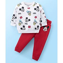 Babyhug Disney Cotton Knit Full Sleeves T-Shirt & Jogger Set with Mickey Mouse Graphics - Red & White