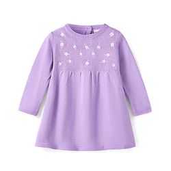 Babyhug Knitted Full Sleeves Pullover Woollen Dress With Floral Embroidery - Lilac