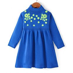 Babyhug Knitted Full Sleeves Floral Embroidery Solid Color Woollen Dress -  Blue