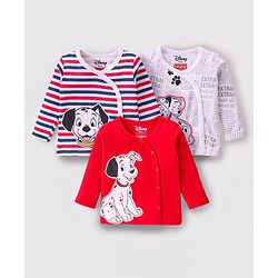 Babyhug Disney Cotton Knit Full Sleeves Front Open Jhablas With Stripes & 101 Dalmatians Graphics Pack of 3 - Red & White