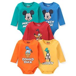 Babyhug Disney Interlock Knit Full Sleeves Onesies with Mickey Mouse & Friends Pack of 5 - Blue Yellow & Red