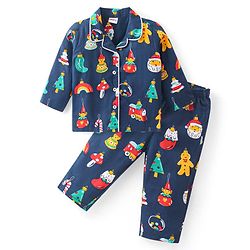 Babyhug Cotton Woven Full Sleeves Front Open Night Suit With Christmas Theme Print - Navy