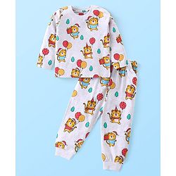Babyhug Cotton Knit Full Sleeves Night Suit With Tiger Print - Light Grey