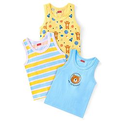 Babyhug 100% Cotton Knit Sleeveless Sandos with Stripes & Animal Print Pack of 3 - Yellow & Blue