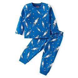 Babyhug Cotton Knit Full Sleeves Night Suit with Rocket & Star Print - Navy Blue
