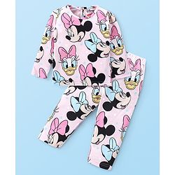 Babyhug Disney Cotton Knit Full Sleeves Night Suit with Minnie Mouse and Friends Print - Pink