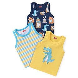 Babyhug 100% Cotton Single Jersey Knit Sleeveless Sandos with Stripes & Dino Print Pack of 3 - Yellow & Blue