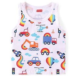Babyhug 100% Cotton Single Jersey Knit Sleeveless Sandos with Stripes & Vehicle Print Pack of 3 - White & Blue