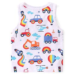 Babyhug 100% Cotton Single Jersey Knit Sleeveless Sandos with Stripes & Vehicle Print Pack of 3 - White & Blue