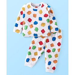 Babyhug Cotton Knit Full Sleeves Night Suit With Building Blocks Print - Light Grey