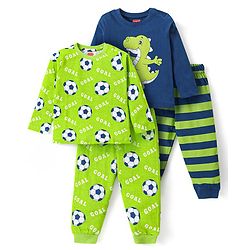 Babyhug Cotton Knit Full Sleeves Night Suits With Football & Dino Print Pack Of 2 - Green & Blue