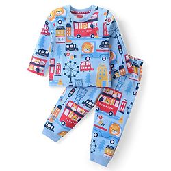 Babyhug Cotton Knit Full Sleeves Night Suit With London City Theme Print - Blue