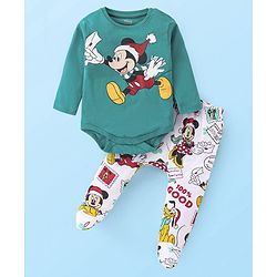 Babyhug Disney Lycra Knit Full Sleeves Onesie with Footed Lounge Pant & Mickey Mouse Graphics - Green & White