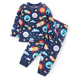 Babyhug Cotton Woven Full Sleeves Front Open Night Suit With Stars Print - Purple