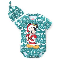 Babyhug Disney Knitted Half Sleeves Mickey Mouse Graphic Onesie with Cap - Sea Green