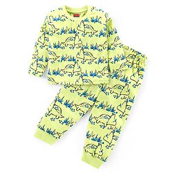Babyhug Cotton Knit Full Sleeves Night Suit With Dino Print - Green
