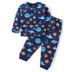 Babyhug Cotton Knit Full Sleeves Night Suit With Sea Life Print - Navy