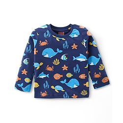 Babyhug Cotton Knit Full Sleeves Night Suit With Sea Life Print - Navy