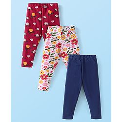 Babyhug Cotton Elastane Lycra Knit Full Length Leggings with Floral Print Pack of 3 - Red White & Blue