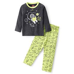 Babyhug Cotton Knit Full Sleeves Night Suit With Astronaut Print - Green & Charcoal Grey