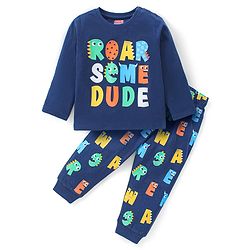 Babyhug Cotton Knit Full Sleeves Night Suit With Text Print - Navy