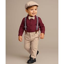 Babyhug Woven Full Sleeves Shirt & Trousers Set with Suspendor Bow & Hat - Maroon & Beige