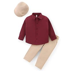 Babyhug Woven Full Sleeves Shirt & Trousers Set with Suspendor Bow & Hat - Maroon & Beige