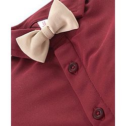 Babyhug Woven Full Sleeves Shirt & Trousers Set with Suspendor Bow & Hat - Maroon & Beige