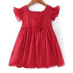 Babyhug Sleeveless  Solid Dress With Ruffles & Flower Applique - Red