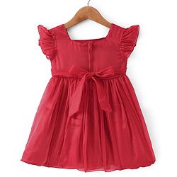 Babyhug Sleeveless  Solid Dress With Ruffles & Flower Applique - Red
