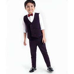 Babyhug Woven Full Sleeves Solid Colour 3 Piece Party Suit With Bow - Wine
