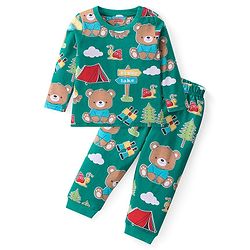 Babyhug Cotton Knit Full Sleeves Night Suit with Animal & Cloud Print - Green