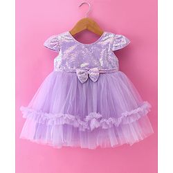 Babyhug Woven Cap Sleeves Glitter Mesh Dress With Bow Applique Sequins & Frill Detailing -  Lavender