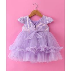 Babyhug Woven Cap Sleeves Glitter Mesh Dress With Bow Applique Sequins & Frill Detailing -  Lavender
