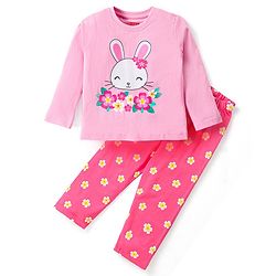 Babyhug Cotton Knit Full Sleeves Night Suit With Bunny & Floral Print - Light Pink