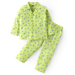Babyhug Cotton Knit Full Sleeves Front Open Night Suit with Star Print - Green
