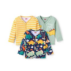 Babyhug 100% Cotton Knit Full Sleeves Front Open Vests with Stripes & Dino Print Pack of 3 - Yellow Green & Blue