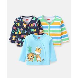 Babyhug 100% Cotton Full Sleeves Front Open Vests With Stripes & Animal Print Pack of 3 - Blue & Yellow