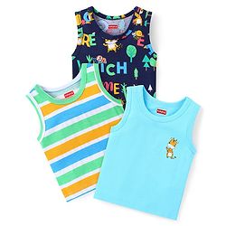 Babyhug 100% Cotton Knit Sleeveless Sandos with Striped Text & Animal Print Pack of 3 - Blue Green & Navy